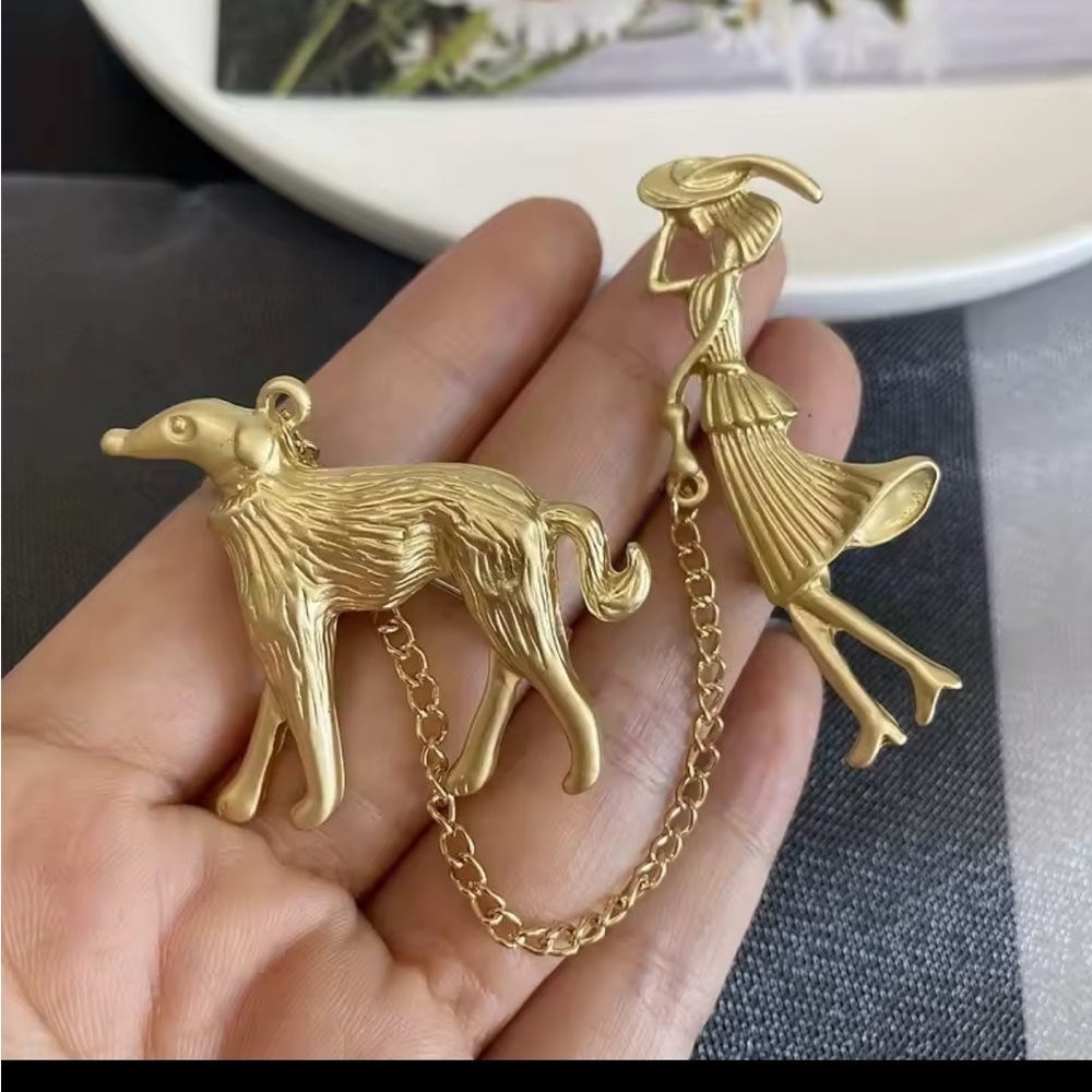 Anthropologie Pet Love Luxury Brooch Gold Dog And Lady Brooch